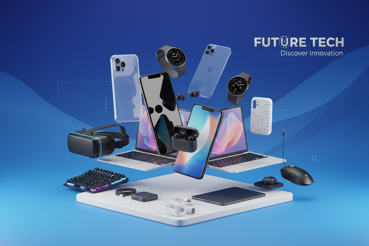 Je j'ai une boutique et je vois des gadgets des téléphones et des accessoires de téléphone Tout ce qui est outil informatique Génezmoi une image qui va avec tout ça